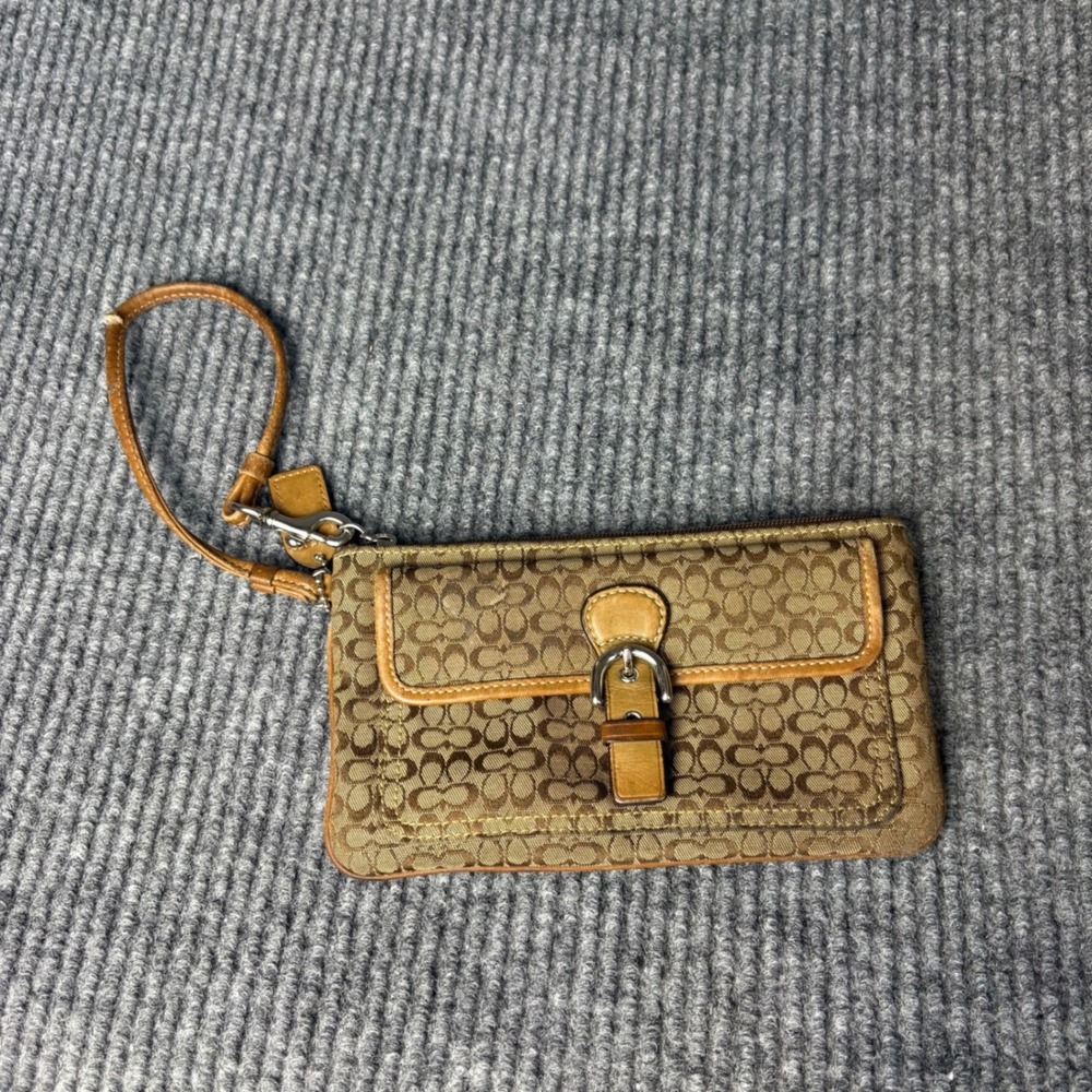 Coach Signature Canvas Wristlet Wallet Khaki Brown Zip Clutch Organizer Y2K